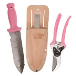Pink Leonard Deluxe Soil Knife And Pink Traditional Bypass Pruner With Sheath