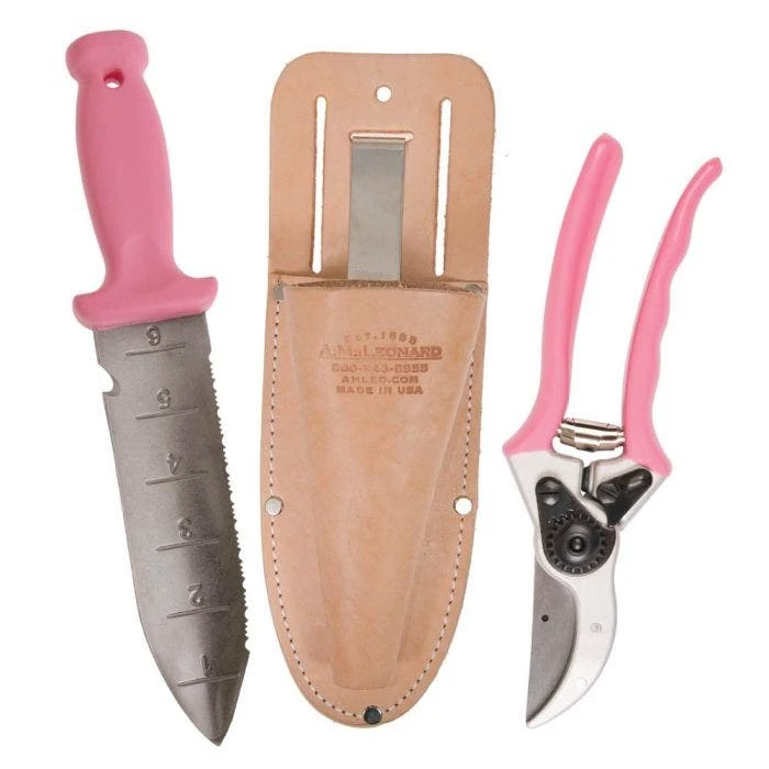 Pink Leonard Deluxe Soil Knife And Pink Traditional Bypass Pruner With Sheath 3 Pink Leonard Deluxe Soil Knife And Pink Traditional Bypass Pruner With Sheath